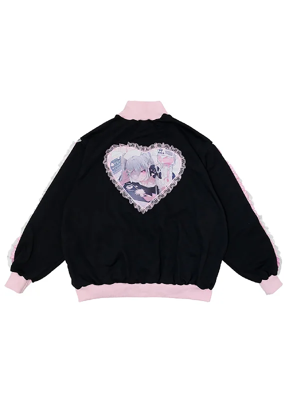 Healing Hearts Oversized Anime Zip Up Jacket in Black/Pink Quilted Jacket Puffer Jacket Insulated Jacket