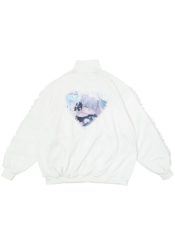 Healing Hearts Oversized Anime Zip Up Jacket in White Chenille Fabric Brocade Fabric Lace Fabric