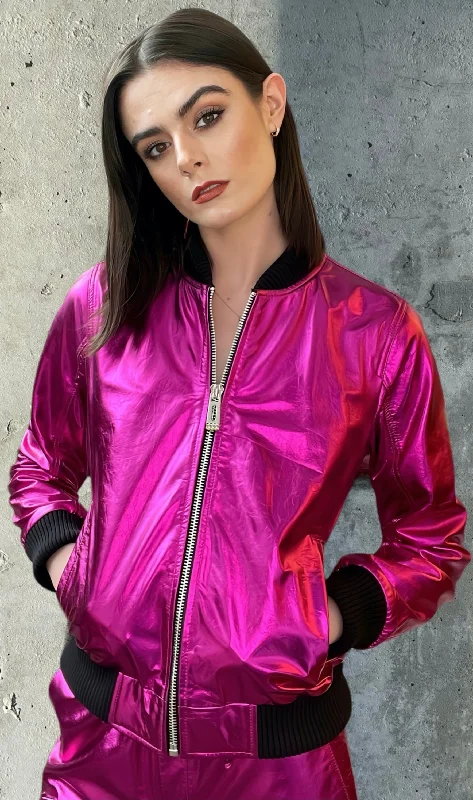 Any Old Iron Pink Metal Bomber Jacket Satin Fabric Silk Fabric Chiffon Fabric