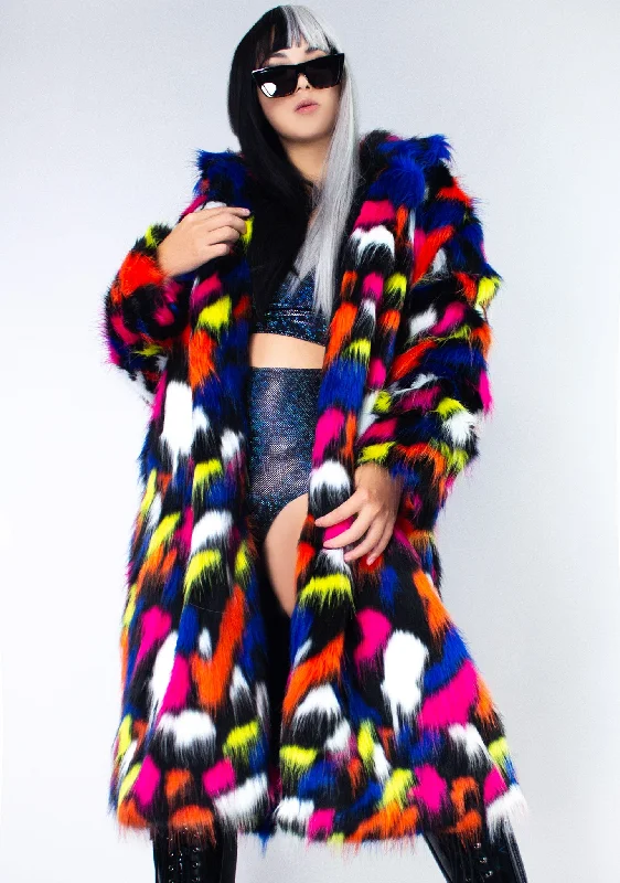 Neon Dreams Mid Length Fur Jacket Herringbone Jacket Houndstooth Jacket Plaid Jacket