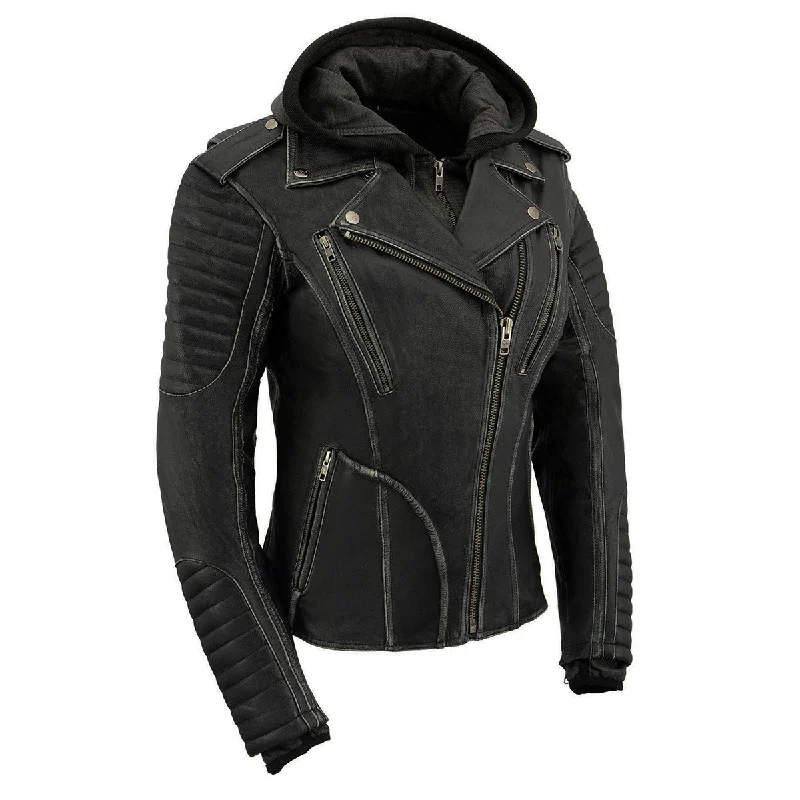 Milwaukee Leather MLL2516 Black Leather Rub-Off Leather Jacket with Hoodie for Women Zippered Front Buttoned Front Snap Front