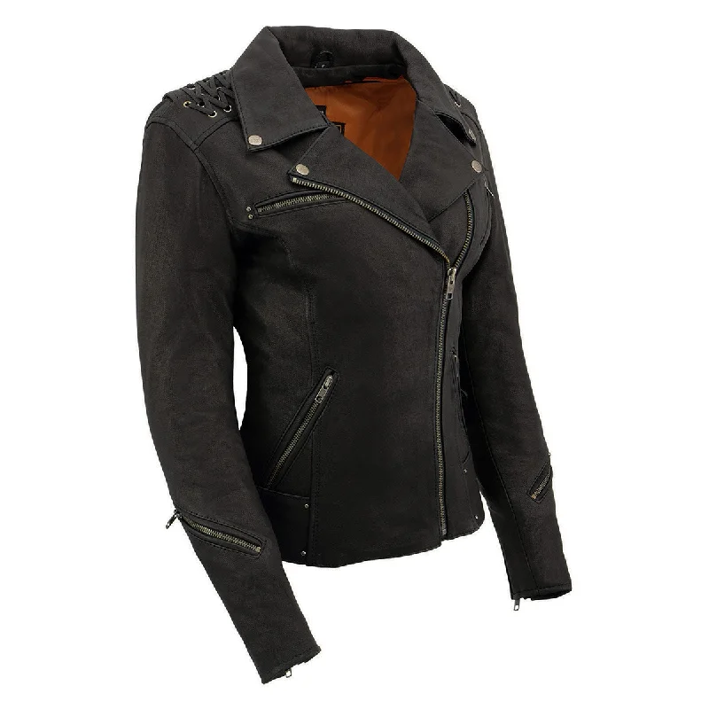 Milwaukee Leather MLL2525 Women's Black Leather Lightweight Lace to Lace Jacket Welt Pockets Slit Pockets Flap Pockets