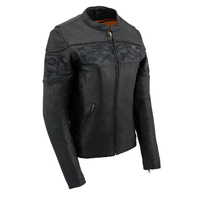 Milwaukee Leather MLL2540 Women's Crossover Black Leather Scooter Jacket Reflective Skull Graphic Wool Fabric Cashmere Fabric Tweed Fabric