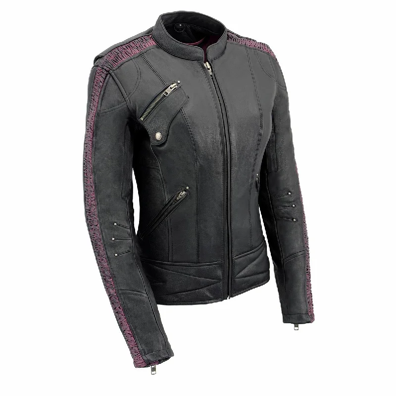 Milwaukee Leather MLL2570 Women's 'Phoenix Embroidered' Black and Fuchsia Pink Leather Motorcycle Jacket Mesh Jacket Canvas Jacket Denim Jacket