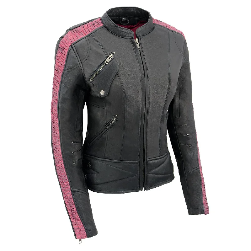 Milwaukee Leather MLL2571 Womens Black and Pink 'Crinkled Arm' Lightweight Racer Jacket Mesh Jacket Canvas Jacket Denim Jacket