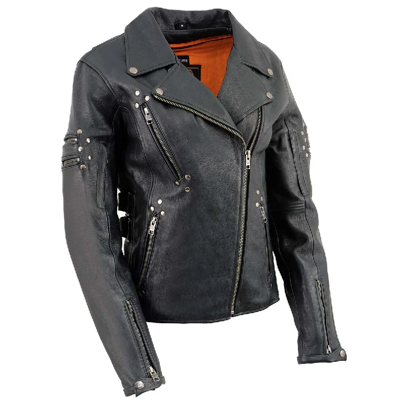 Milwaukee Leather MLL2585 Women's Black Motorcycle Premium Leather Jacket with Rivets V-Neck Jacket Boat Neck Jacket Square Neck Jacket