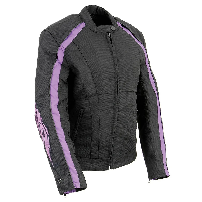 Milwaukee Leather MPL1954 Women's 'Studded Wings' Black and Purple Textile Moto Jacket Wool Jacket Cashmere Jacket Tweed Jacket