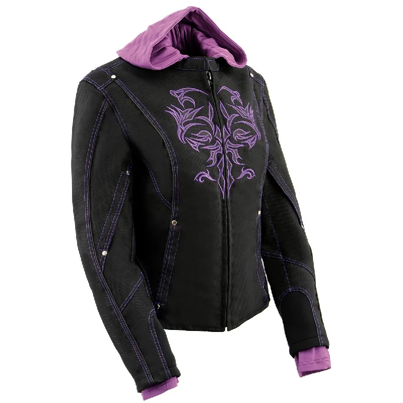 Milwaukee Leather MPL1967 Women's 3/4 Hooded Black and Purple Textile Jacket with Reflective Tribal Detail Herringbone Jacket Checkered Jacket Solid Jacket