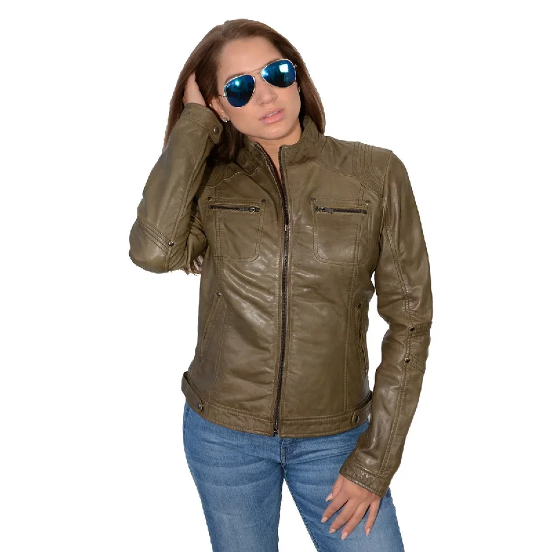 Milwaukee Leather SFL2800 Women's 'Racer' Olive Stand Up Collar Motorcycle Fashion Leather Jacket V-Neck Jacket Boat Neck Jacket Square Neck Jacket