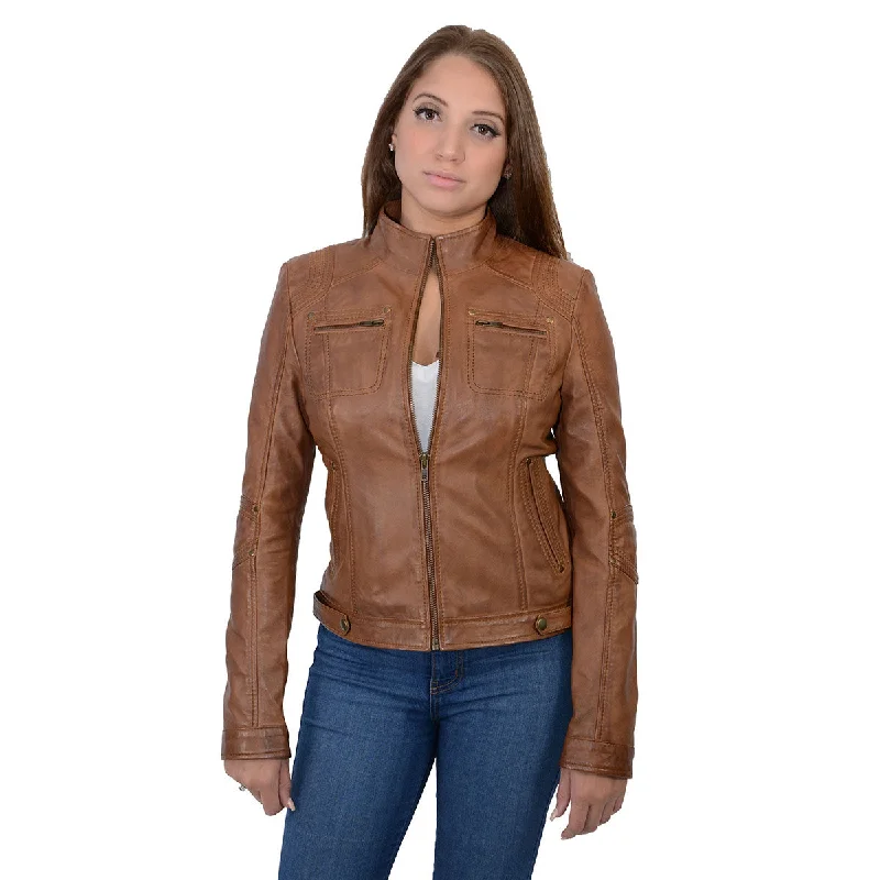 Milwaukee Leather SFL2800 Women's 'Racer' Whiskey Stand Up Collar Motorcycle Fashion Leather Jacket Boat Neck Shawl Collar Notched Collar