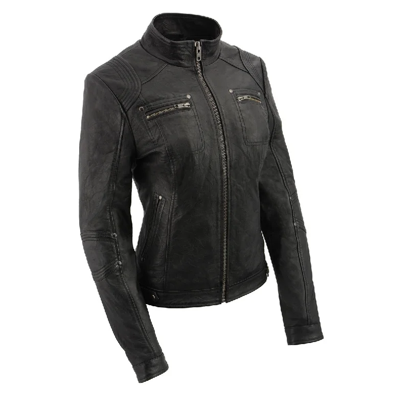 Milwaukee Leather SFL2801 Women's 'Racer' Black Stand Up Collar Motorcycle Fashion Leather Jacket Nylon Jacket Polyester Jacket Spandex Jacket