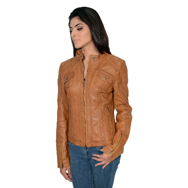 Milwaukee Leather SFL2805 Women's Cognac 'Quilted' Mandarin Collar Fashion Casual Leather Jacket Wool Fabric Cashmere Fabric Tweed Fabric