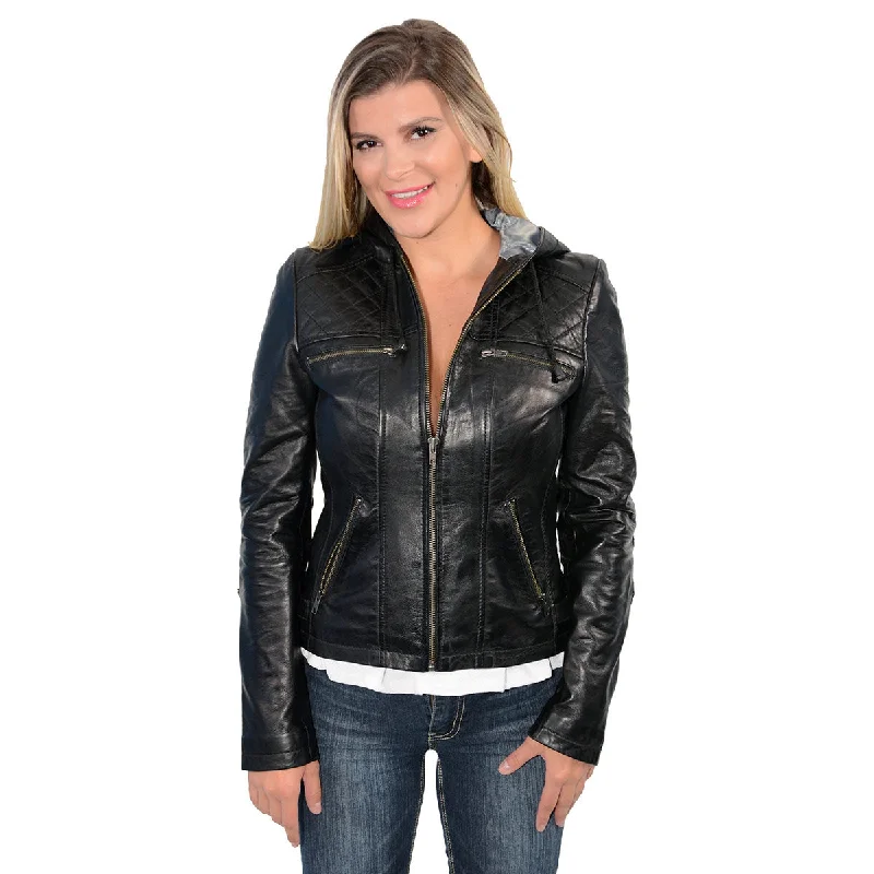 Milwaukee Leather SFL2810 Women's Black Scuba Style Fashion Leather Jacket with Drawstring and Hoodie Herringbone Jacket Checkered Jacket Solid Jacket