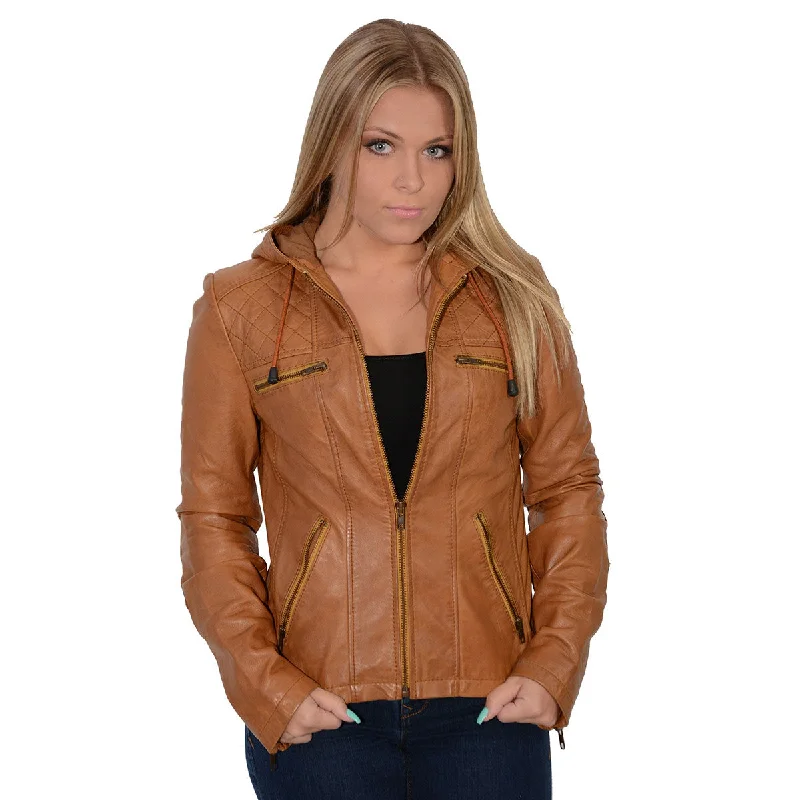 Milwaukee Leather SFL2810 Women's Cognac Scuba Style Fashion Leather Jacket with Drawstring and Hoodie Elasticated Jacket Padded Jacket Insulated Jacket