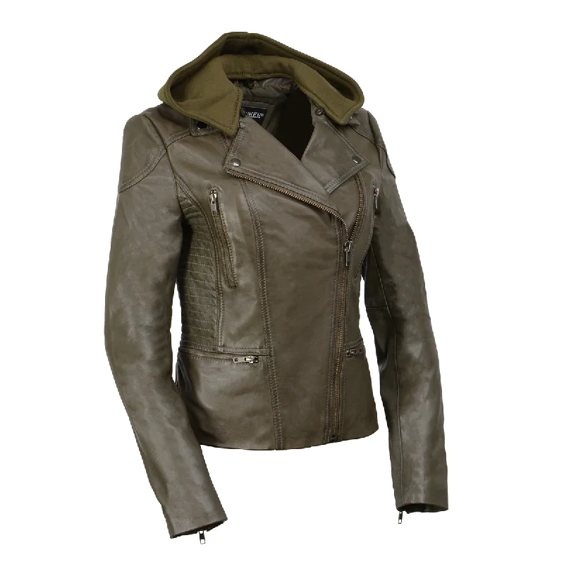 Milwaukee Leather SFL2815 Womens Olive Motorcycle Style Leather Jacket with Hoodie and Asymmetrical Zipper Mesh Jacket Canvas Jacket Denim Jacket