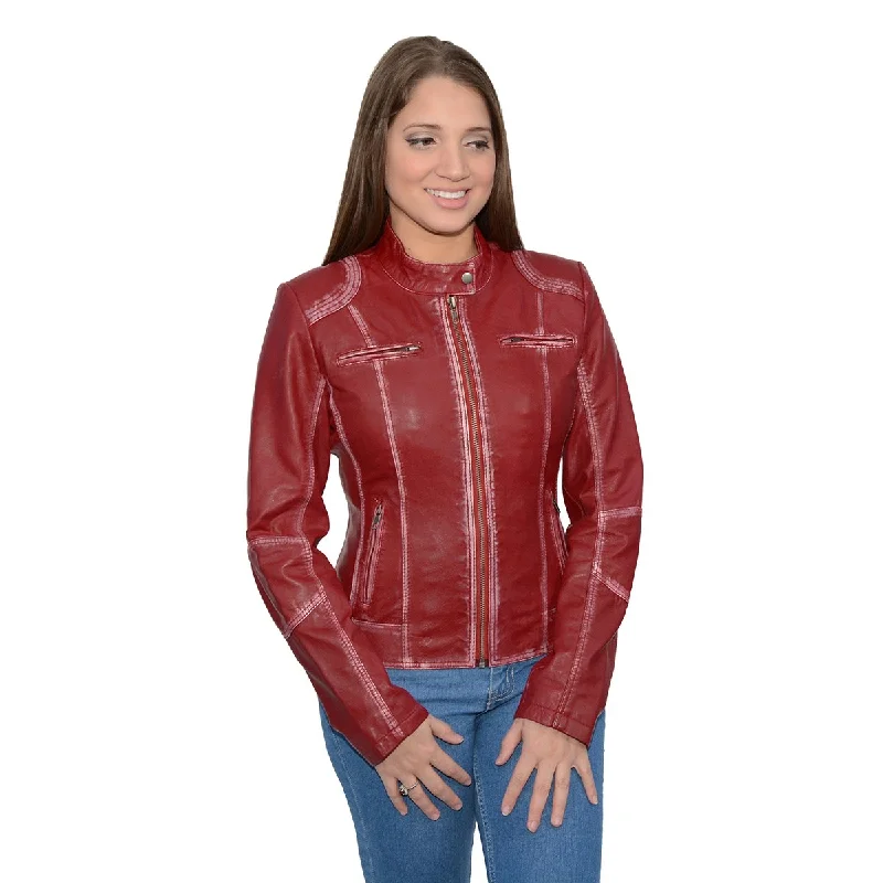 Milwaukee Leather SFL2830 Women's Red Scuba Style Sheepskin Fashion Leather Jacket A-Line Jacket Boat Neck Shawl Collar