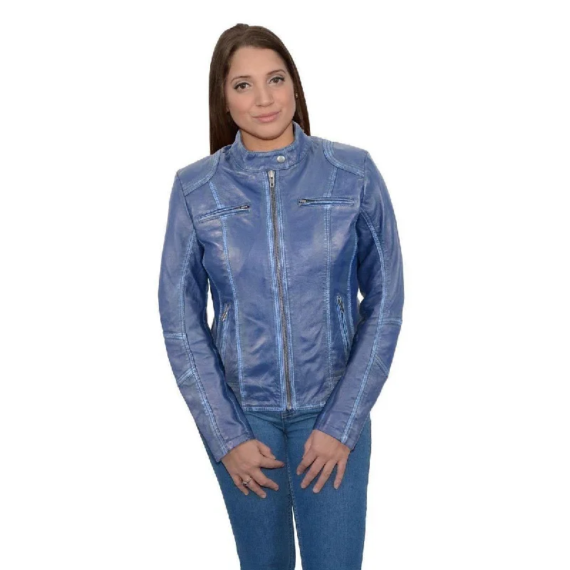 Milwaukee Leather SFL2830 Women's Royal Blue Scuba Style Sheepskin Fashion Leather Jacket Wool Fabric Cashmere Fabric Tweed Fabric