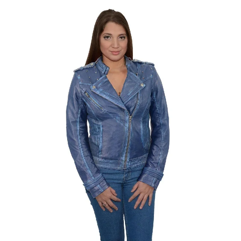 Milwaukee Leather SFL2840 Women's Maiden Royal Blue Premium Sheepskin Motorcycle Fashion Leather Jacket with Studs Mesh Jacket Canvas Jacket Denim Jacket