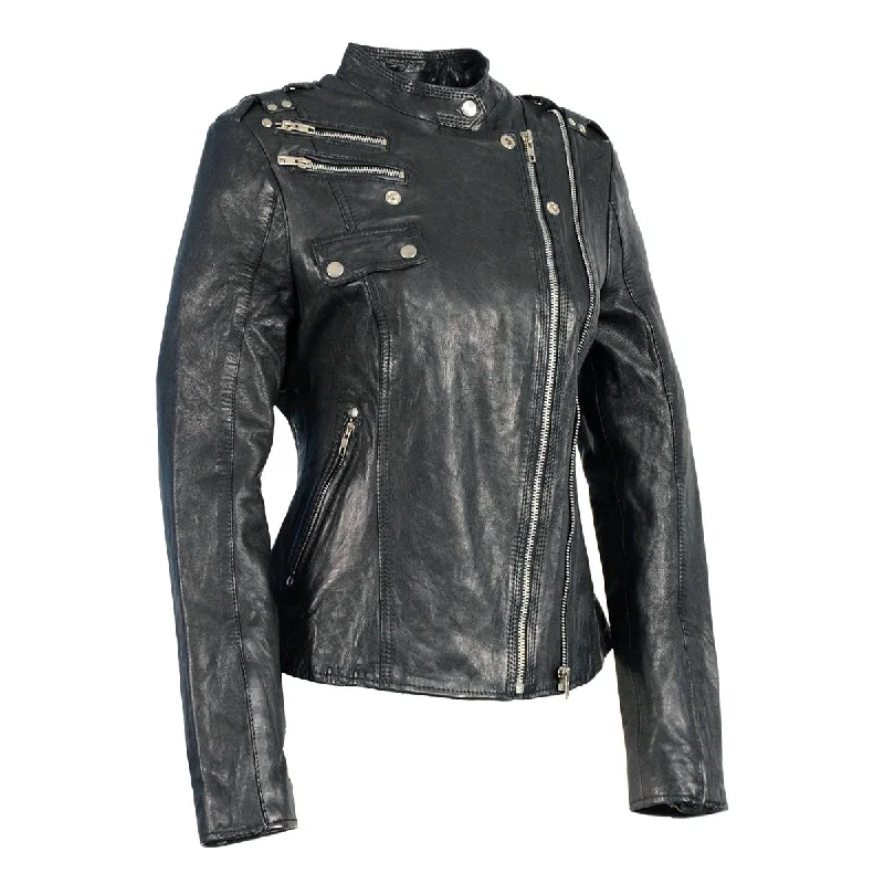 Milwaukee Leather SFL2845 Women's Black Leather Motorcycle Style Fashion Jacket with Asymmetrical Zipper A-Line Jacket Boat Neck Shawl Collar