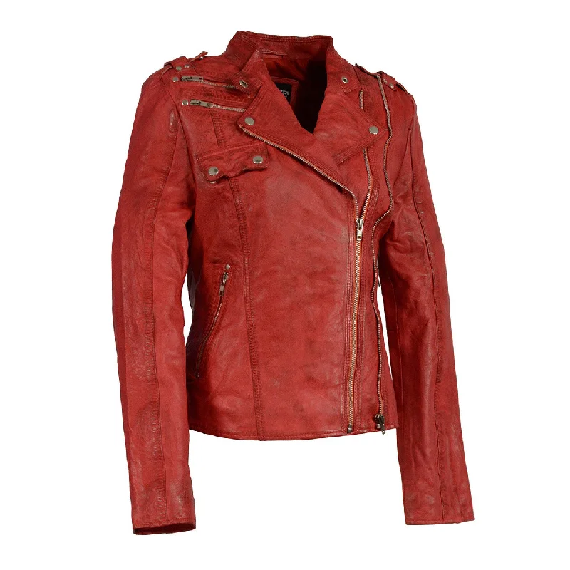 Milwaukee Leather SFL2845 Women's Distressed Red Leather Motorcycle Style Jacket with Asymmetrical Zipper Nylon Fabric Polyester Fabric Spandex Fabric