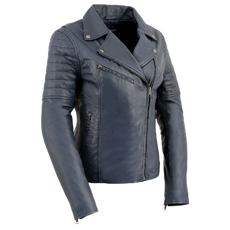 Milwaukee Leather SFL2870 Women's ‘Duchess’ Blue Motorcycle Style Fashion Casual Leather Jacket Snapped Jacket Toggled Jacket Drawstring Jacket