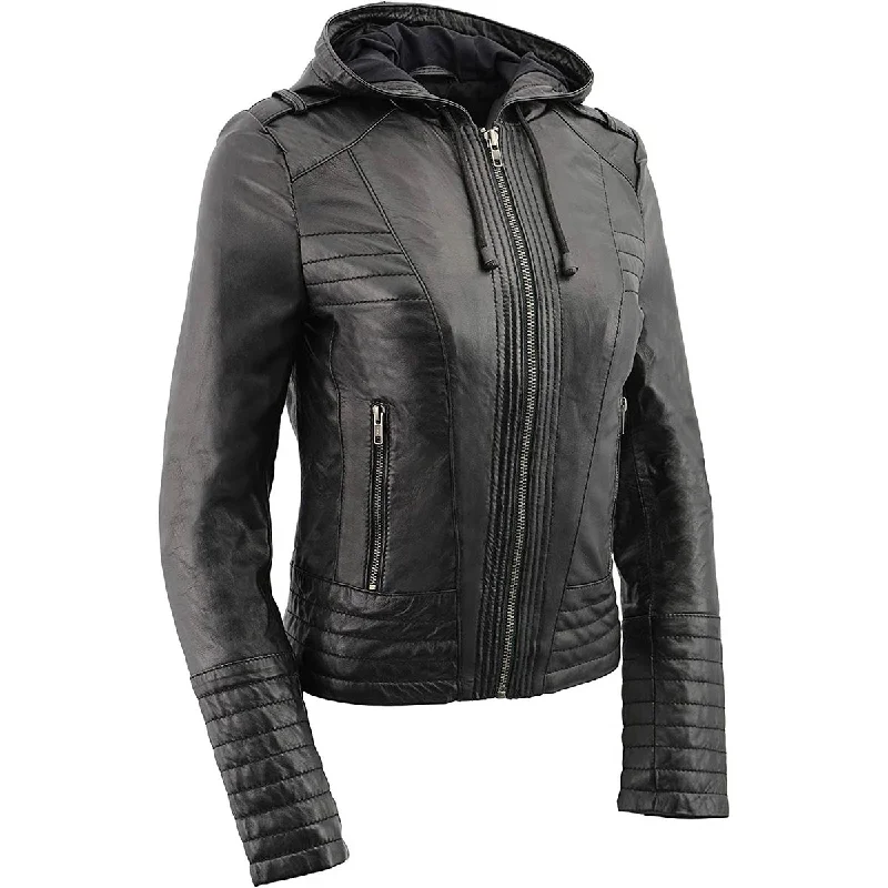 Milwaukee Leather SFL3554 Women's Black Scuba Style Zippered Front Motorcycle Fashion Leather Jacket with Hoodie Lace Jacket Ribbed Jacket Sequined Jacket