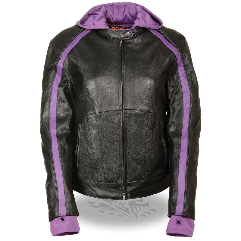 Milwaukee Leather SH1951 Women's Striped Black and Purple Leather Jacket with Zip-Out Hoodie Faux Fur Fabric Real Fur Fabric Shearling Fabric