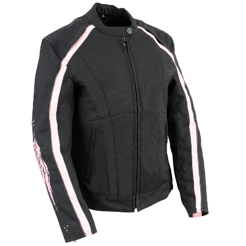 Milwaukee Leather SH1954 Women's Black and Pink Textile Jacket with Stud and Wings Detailing Lace Jacket Ribbed Jacket Sequined Jacket