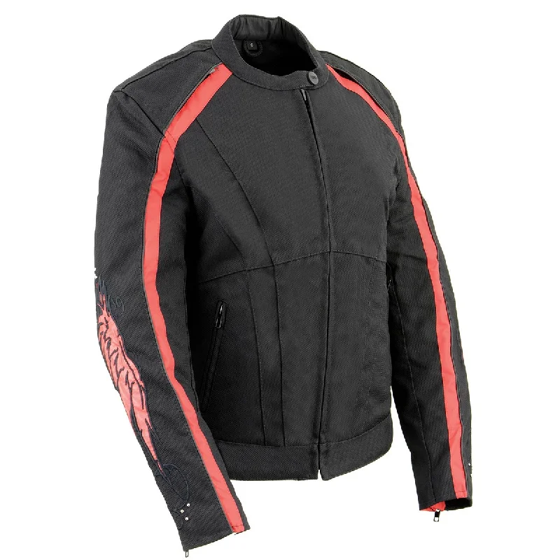 Milwaukee Leather SH1954 Women's Black and Red Textile Jacket with Stud and Wings Detailing Snapped Jacket Toggled Jacket Drawstring Jacket