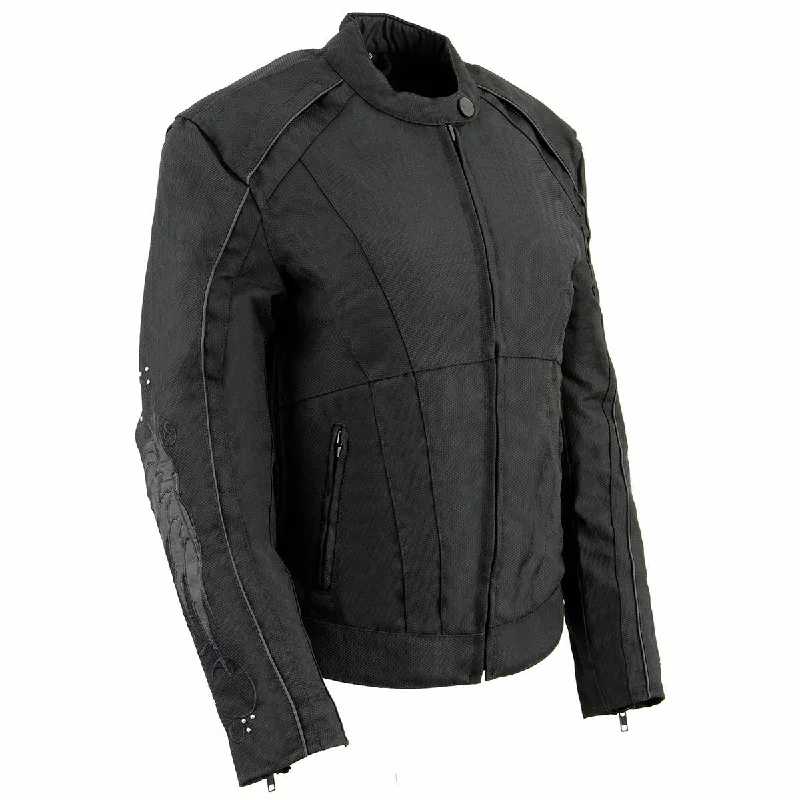 Milwaukee Leather SH1954 Women's Black Textile Jacket with Stud and Wings Detailing Chenille Fabric Brocade Fabric Lace Fabric