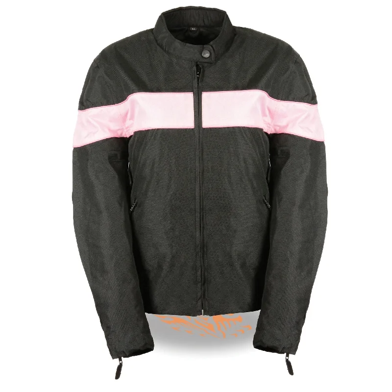 Milwaukee Leather SH2261 Women's Lightweight Black and Pink Textile Motorcycle Jacket with Reflective Piping Collared Jacket Crew Neck Jacket Turtle Neck Jacket