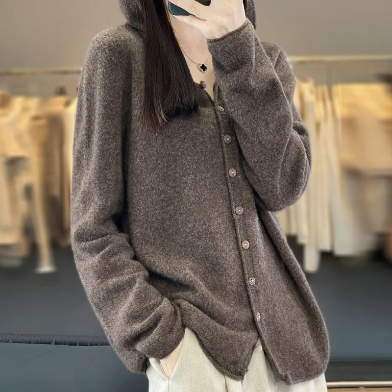 NiDELL Autumn and Winter New Hooded Cardigan Women's . Autumn New Solid Color Sweater Loose Hoodie Jacket Long-Sleeved Sweater Front Pockets Side Pockets Patch Pockets