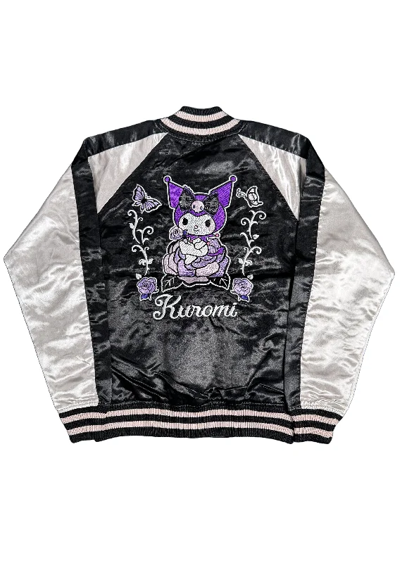 Sanrio Kuromi Rose Tattoo Bomber Jacket Faux Fur Fabric Real Fur Fabric Shearling Fabric