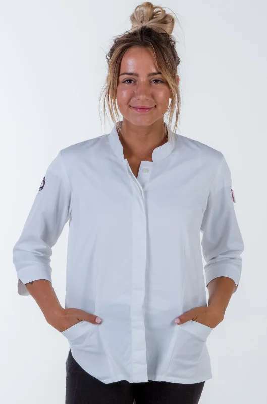 Women's chef jacket white 3/4 Sleeve Notch Collar Jacket Peter Pan Collar Jacket Cowl Neck Jacket