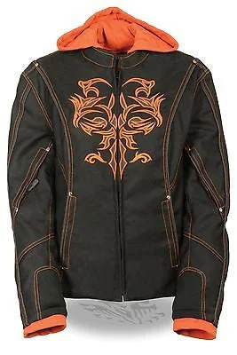 WOMEN'S MOTORCYCLE RIDING BLK/ORANGE TEXTILE JACKET W/REFLECTIVE TRIBAL DETAIL Jacket Blazer Coat