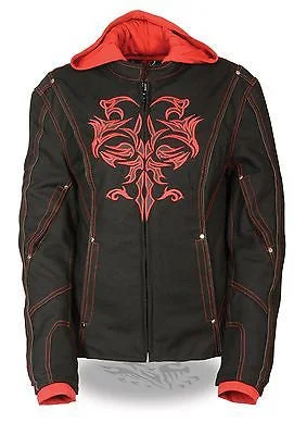 WOMEN'S MOTORCYCLE RIDING BLK/RED TEXTILE JACKET W/REFLECTIVE TRIBAL DETAIL Embroidered Jacket Appliqued Jacket Beaded Jacket