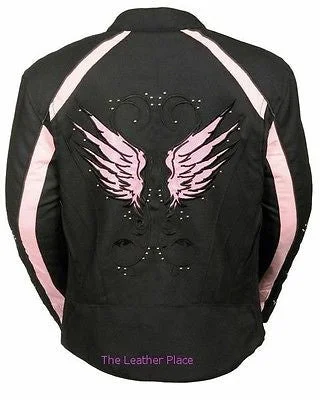 WOMEN'S MOTORCYCLE RIDING PINK TEXTILE JACKET W/ STUD & WINGS DETAILING Elasticated Jacket Padded Jacket Insulated Jacket