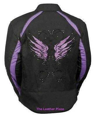 WOMEN'S MOTORCYCLE RIDING PURPLE TEXTILE JACKET W/ STUD & WINGS DETAILING Wool Jacket Cashmere Jacket Tweed Jacket