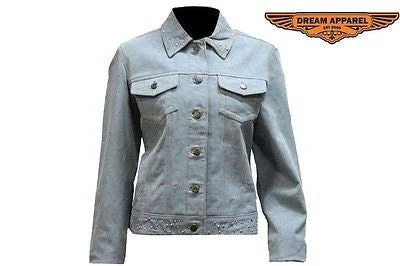 WOMEN'S RIDERS MOTORCYCLE JEAN JACKET WITH STONES DENIM LOOK GENUINE LEATHER A-Line Jacket Boat Neck Shawl Collar