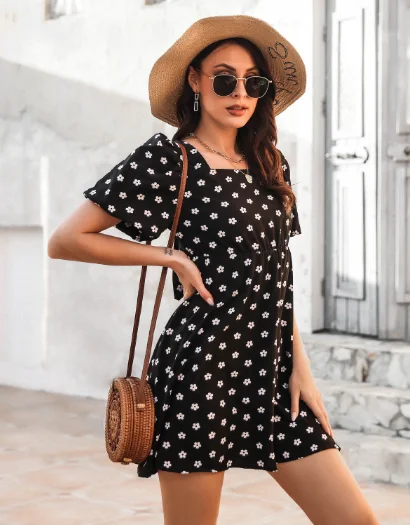 Summer Polka Dot Bubble Sleeve Bow Skirt linen skirt airy