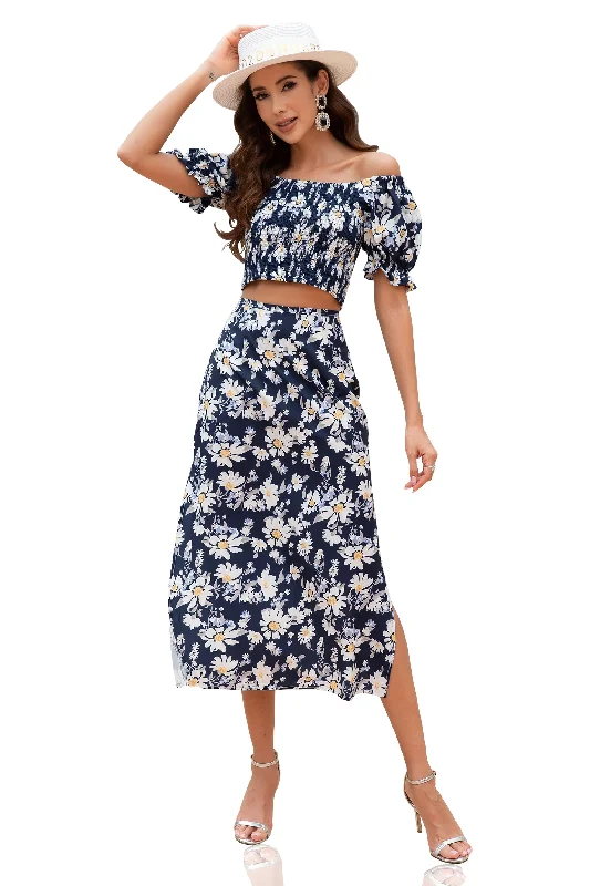 Women Floral Short Sleeve Crop Top and Long Skirt 2 Piece Set-Floral Print ribbed skirt waist