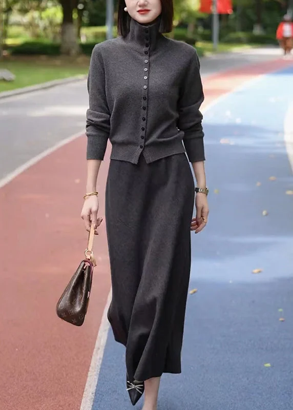 Casual Dark Grey Stand Collar Cotton Knit Cardigans And Maxi Skirts Two Piece Set Winter pencil skirt chic