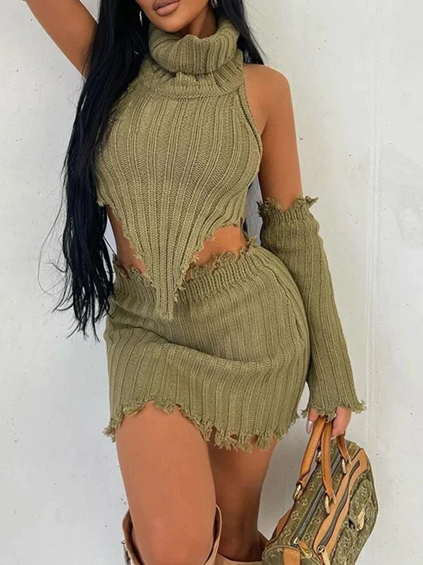 Unconventional Sweater Sets Women's Sets Long Sleeve Sexy Knitted Top+ Skirt Set 3 piece sets button skirt front