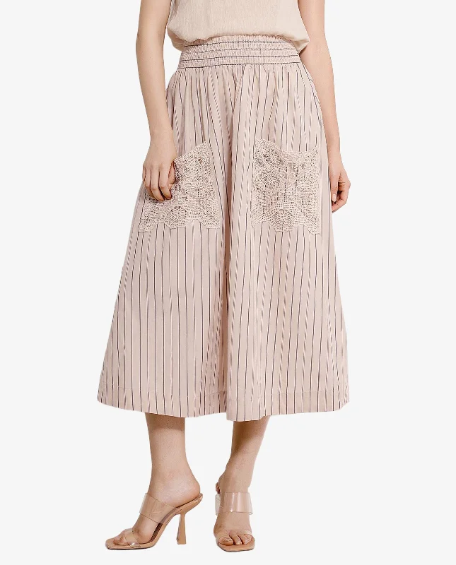 Rareism Women Cuba-B Light Beige Cotton Fabric Stripe Ankle Length Skirt denim skirt fashionable