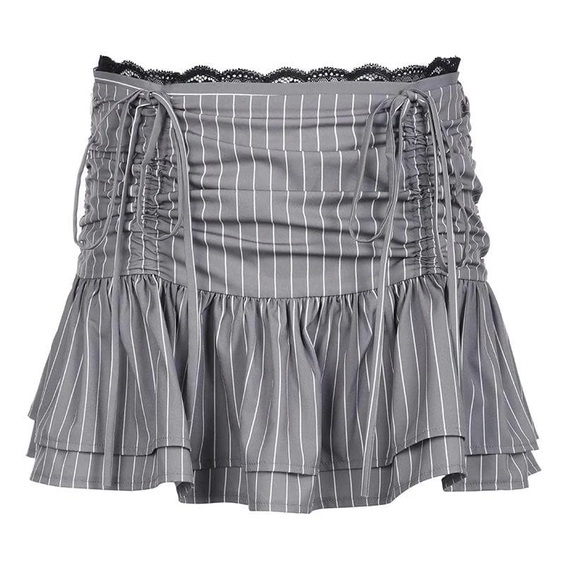 Drawstring ruched lace hem striped mini skirt wool skirt sturdy