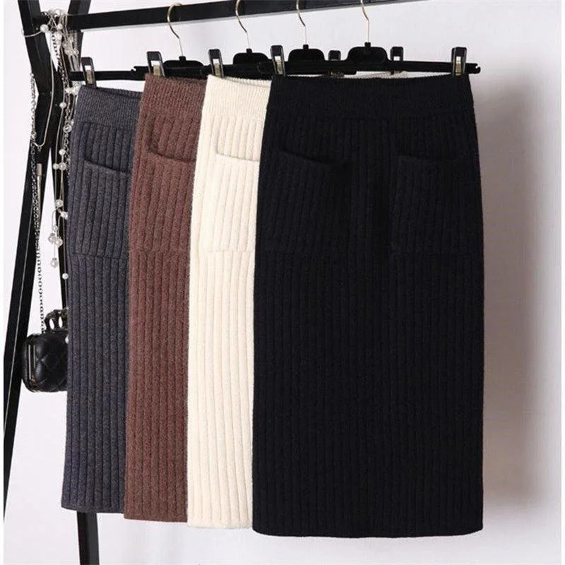 Elegant Ribbed Knitted Pencil Midi Sweater Skirt velvet skirt luxury