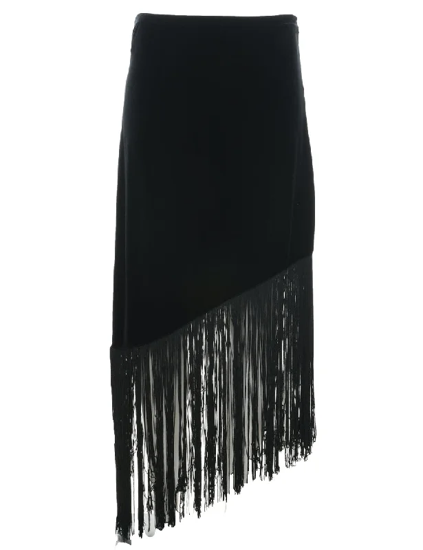 Fringed Velvet Black Midi Skirt - M summer skirt style