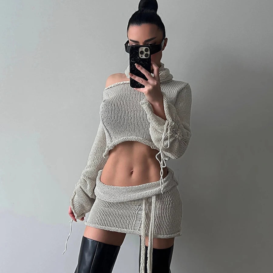 Lady Scarf+Sweater+Hip Skirt Autumn Women 2 Piece Skirt Set Short Casual Knitted Sweater Women's Set denim skirt trendy