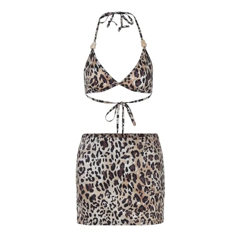 Halter self tie leopard print v neck mini skirt set velvet skirt plush