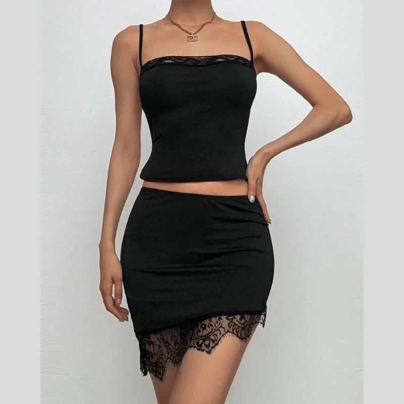 Lace hem backless irregular solid cami mini skirt set corduroy skirt textured